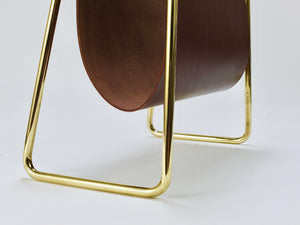 Carl Auböck II Midcentury Magazine Rack, Brass & Brown Leather, Vintage, Austria