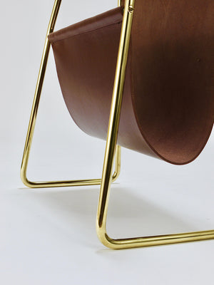 Carl Auböck II Midcentury Magazine Rack, Brass & Brown Leather, Vintage, Austria