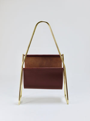 Carl Auböck II Midcentury Magazine Rack, Brass & Brown Leather, Vintage, Austria