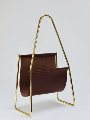 Carl Auböck II Midcentury Magazine Rack, Brass & Brown Leather, Vintage, Austria
