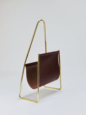 Carl Auböck II Midcentury Magazine Rack, Brass & Brown Leather, Vintage, Austria