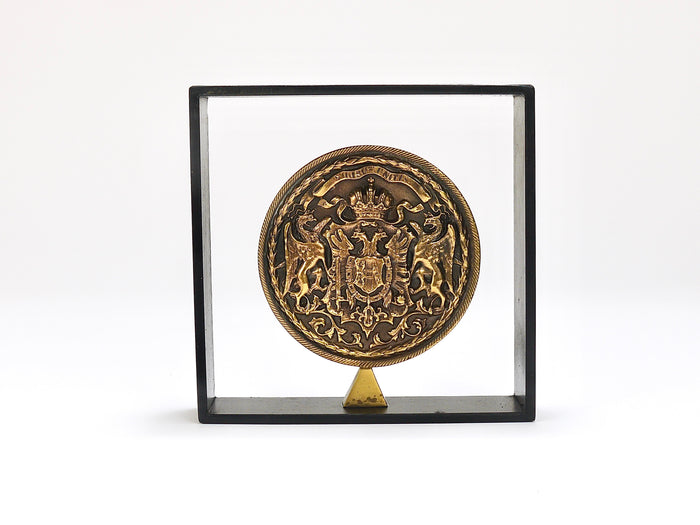 Carl Aubock Iron & Brass Coin Medal Midcentury Bookend, Austria, 1970s