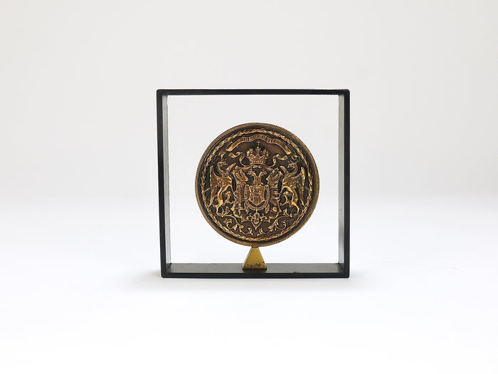 Carl Aubock Iron & Brass Coin Medal Midcentury Bookend, Austria, 1970s