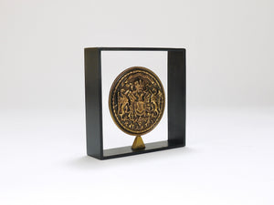 Carl Aubock Iron & Brass Coin Medal Midcentury Bookend, Austria, 1970s