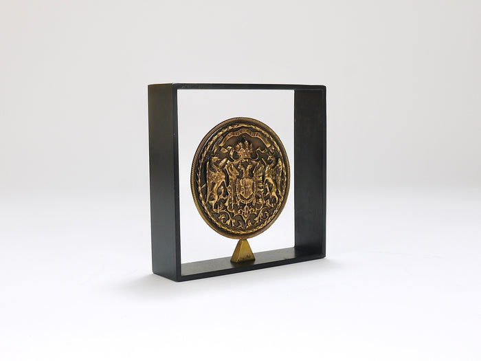 Carl Aubock Iron & Brass Coin Medal Midcentury Bookend, Austria, 1970s