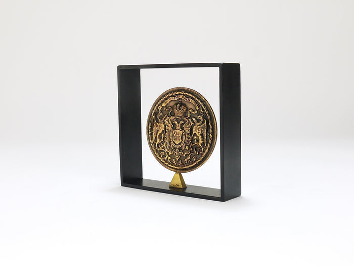 Carl Aubock Iron & Brass Coin Medal Midcentury Bookend, Austria, 1970s