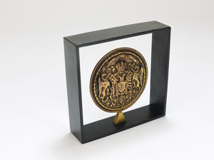 Carl Aubock Iron & Brass Coin Medal Midcentury Bookend, Austria, 1970s