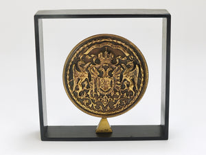 Carl Aubock Iron & Brass Coin Medal Midcentury Bookend, Austria, 1970s