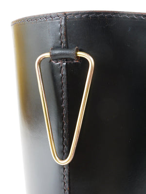 Mid-Century Carl Auböck Black Leather & Brass Wastepaper Basket, Austria, 1950s