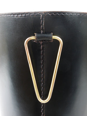 Mid-Century Carl Auböck Black Leather & Brass Wastepaper Basket, Austria, 1950s