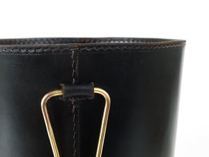 Mid-Century Carl Auböck Black Leather & Brass Wastepaper Basket, Austria, 1950s