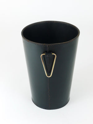 Mid-Century Carl Auböck Black Leather & Brass Wastepaper Basket, Austria, 1950s