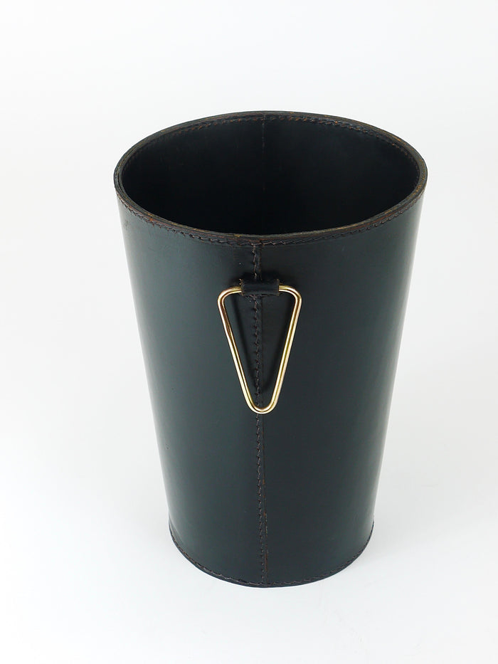 Mid-Century Carl Auböck Black Leather & Brass Wastepaper Basket, Austria, 1950s