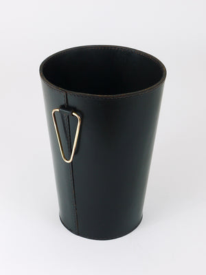 Mid-Century Carl Auböck Black Leather & Brass Wastepaper Basket, Austria, 1950s