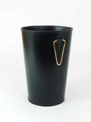 Mid-Century Carl Auböck Black Leather & Brass Wastepaper Basket, Austria, 1950s