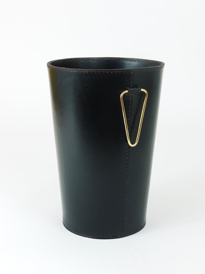 Mid-Century Carl Auböck Black Leather & Brass Wastepaper Basket, Austria, 1950s