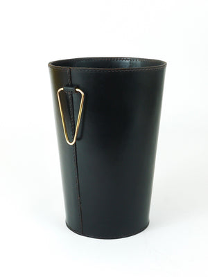 Mid-Century Carl Auböck Black Leather & Brass Wastepaper Basket, Austria, 1950s