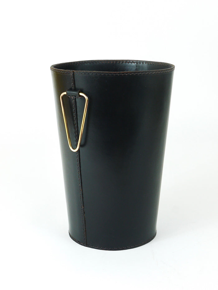 Mid-Century Carl Auböck Black Leather & Brass Wastepaper Basket, Austria, 1950s