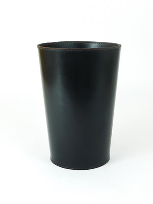 Mid-Century Carl Auböck Black Leather & Brass Wastepaper Basket, Austria, 1950s