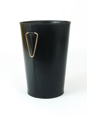 Mid-Century Carl Auböck Black Leather & Brass Wastepaper Basket, Austria, 1950s