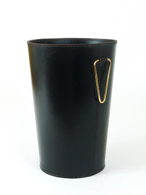 Mid-Century Carl Auböck Black Leather & Brass Wastepaper Basket, Austria, 1950s