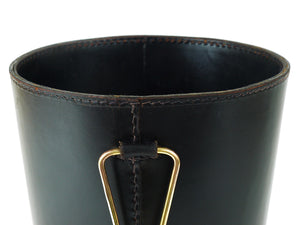 Mid-Century Carl Auböck Black Leather & Brass Wastepaper Basket, Austria, 1950s
