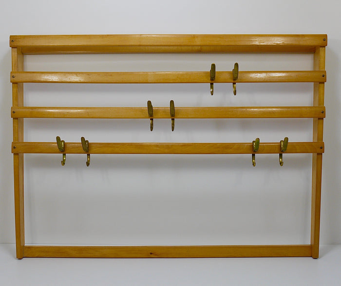 Large Carl Auböck Mid-Century Coat Rack Beech Wardrobe with 8 Brass Hooks, 1950s