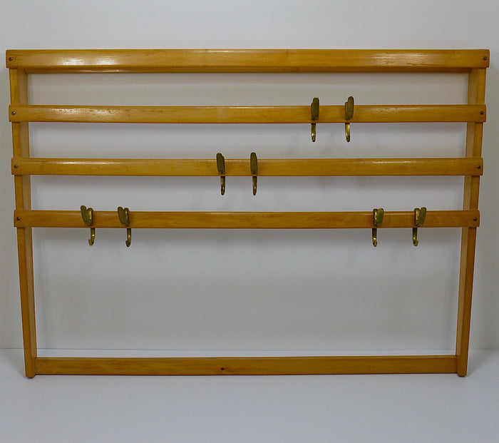 Large Carl Auböck Mid-Century Coat Rack Beech Wardrobe with 8 Brass Hooks, 1950s