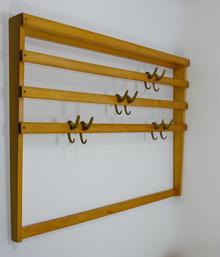Large Carl Auböck Mid-Century Coat Rack Beech Wardrobe with 8 Brass Hooks, 1950s