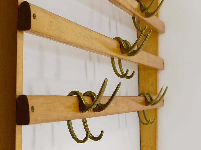 Large Carl Auböck Mid-Century Coat Rack Beech Wardrobe with 8 Brass Hooks, 1950s