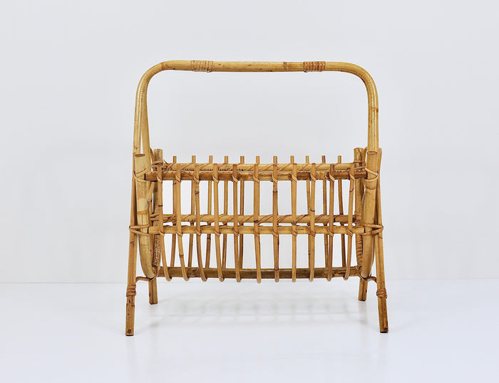 Franco Albini Style Rattan Bamboo Magazine Rack Newspaper Stand, Italy, 1950s