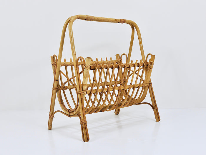 Franco Albini Style Rattan Bamboo Magazine Rack Newspaper Stand, Italy, 1950s