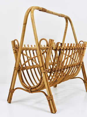 Franco Albini Style Rattan Bamboo Magazine Rack Newspaper Stand, Italy, 1950s