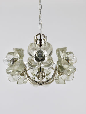 Lustre / suspension en verre cristal à fleurs dans le style Kalmar, par Sische, Allemagne, années 1970