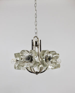 Lustre / suspension en verre cristal à fleurs dans le style Kalmar, par Sische, Allemagne, années 1970