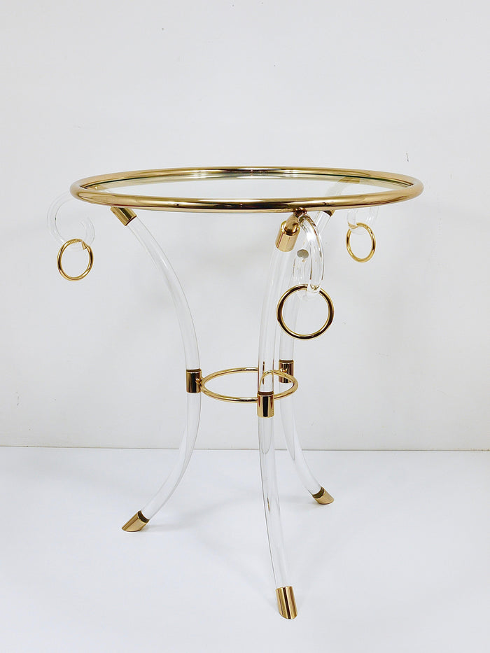 Maison Jansen Style Lucite & Gilt Metal Tripod Coffee Table Pedestal Gueridon