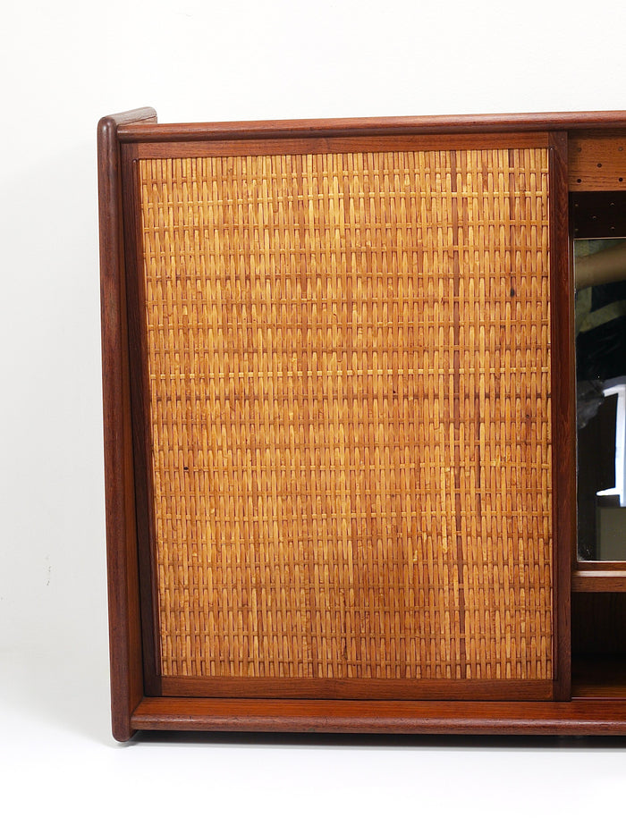 Arne Wahl Iversen Wall Mirror & Shelf Cabinet, Teak & Cane for Brenderup Denmark