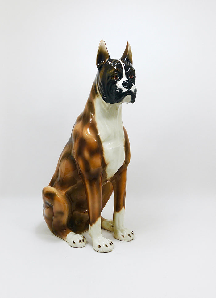 Boxer Dog Life-Size Majolica Statue Sculpture, Glazed Ceramic, Italy, 1970s