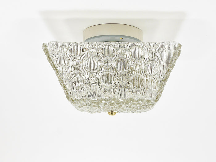 J.T Kalmar Square Brass & Textured Glass Flush Mount Ceiling Light, 1950s