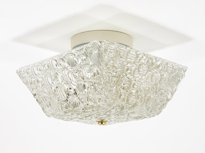 J.T Kalmar Square Brass & Textured Glass Flush Mount Ceiling Light, 1950s