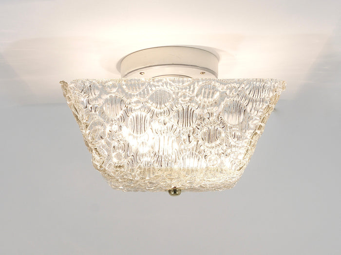 J.T Kalmar Square Brass & Textured Glass Flush Mount Ceiling Light, 1950s