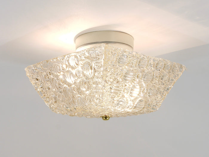 J.T Kalmar Square Brass & Textured Glass Flush Mount Ceiling Light, 1950s
