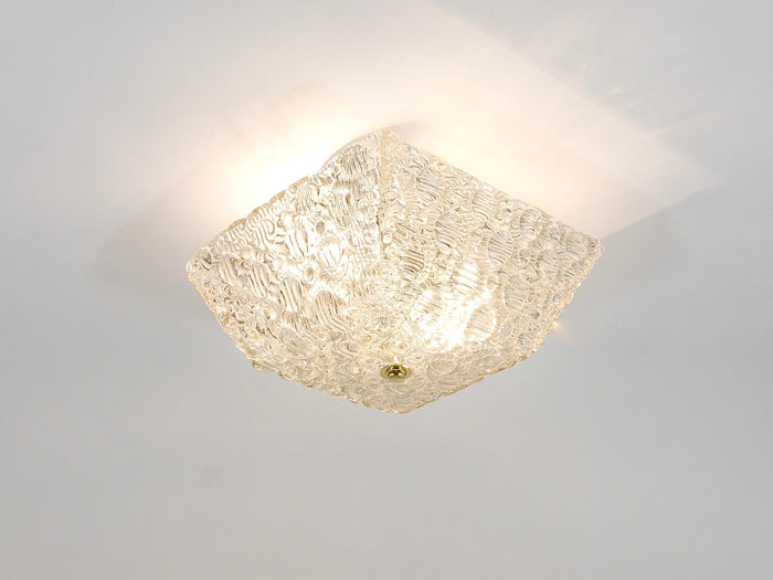 J.T Kalmar Square Brass & Textured Glass Flush Mount Ceiling Light, 1950s