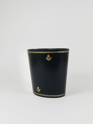 Morabito Paris Black & Gold Leather Wastepaper Basket Bin, France, 1970s