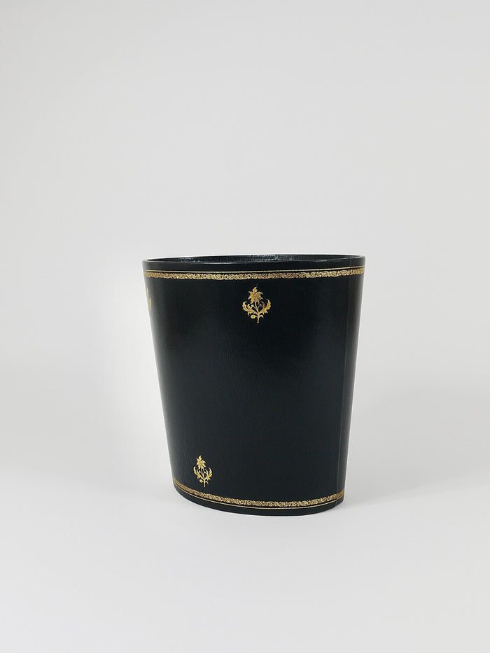 Morabito Paris Black & Gold Leather Wastepaper Basket Bin, France, 1970s