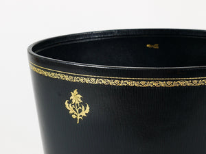 Morabito Paris Black & Gold Leather Wastepaper Basket Bin, France, 1970s