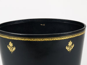 Morabito Paris Black & Gold Leather Wastepaper Basket Bin, France, 1970s