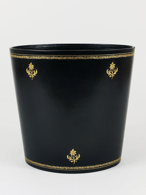 Morabito Paris Black & Gold Leather Wastepaper Basket Bin, France, 1970s