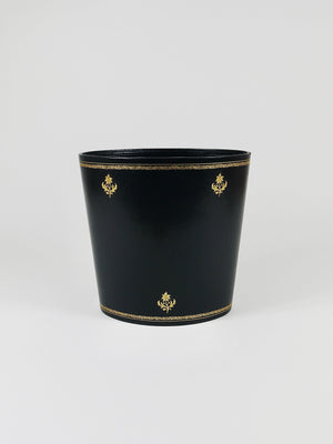 Morabito Paris Black & Gold Leather Wastepaper Basket Bin, France, 1970s