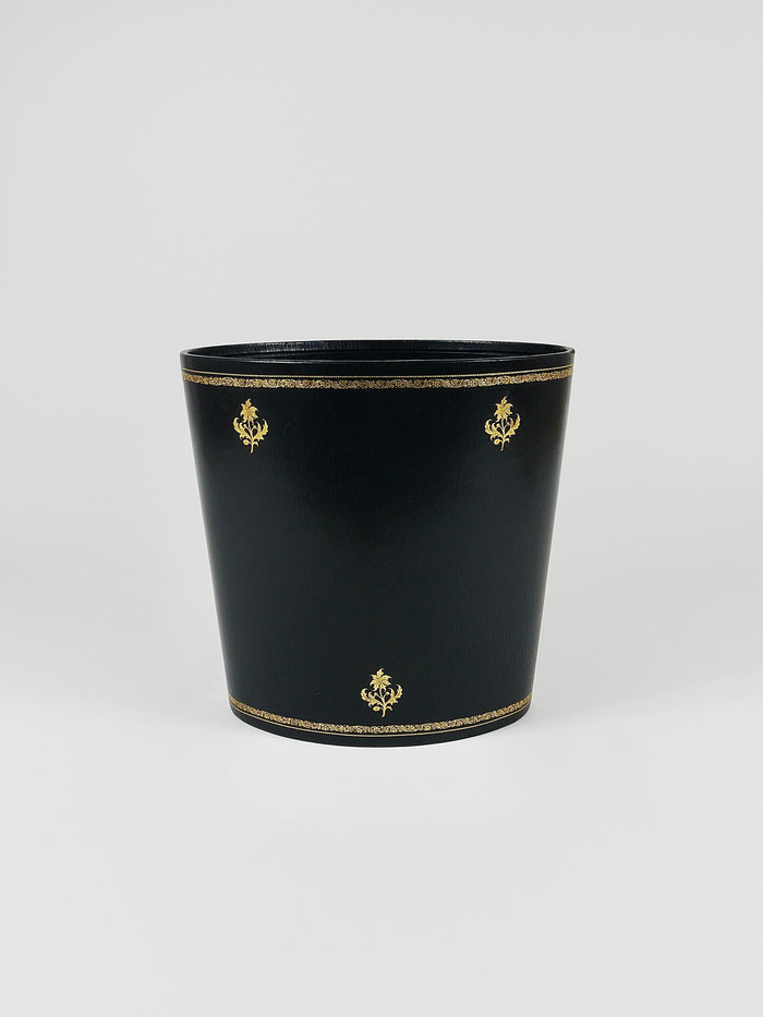 Morabito Paris Black & Gold Leather Wastepaper Basket Bin, France, 1970s